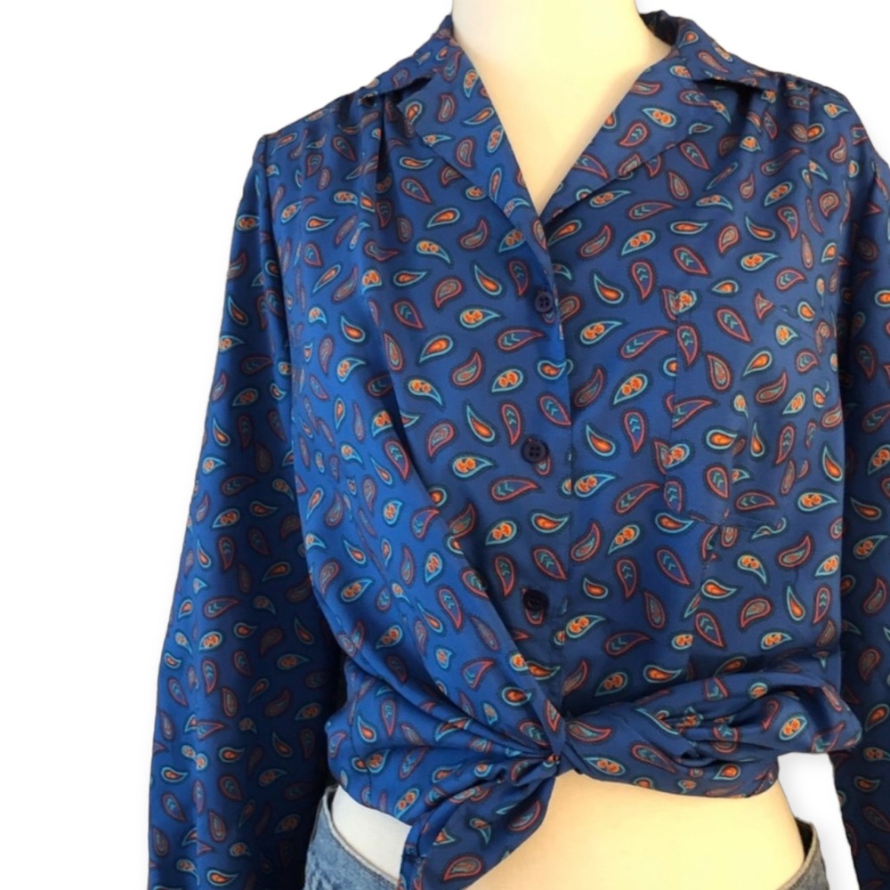 Pierre Cardin Vintage Blue Paisley Button Down Blouse , Lightweight, Medium
